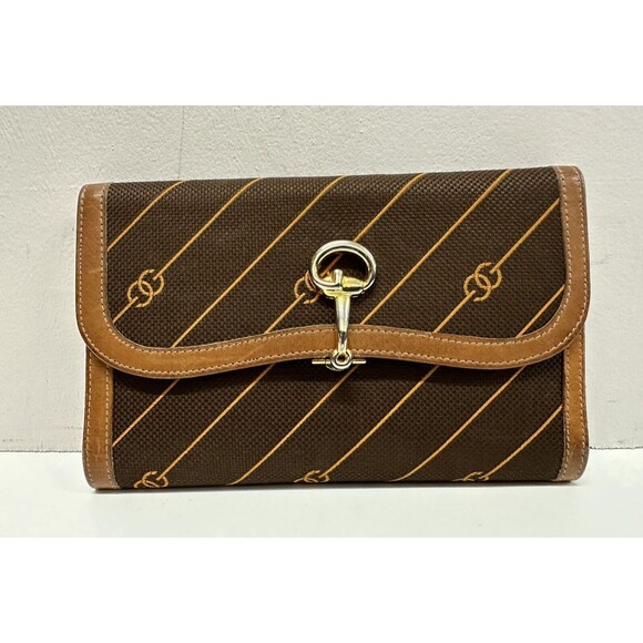 GUCCI  Vintage brown leather & textile wallet made in Italy - Picture 1 of 13